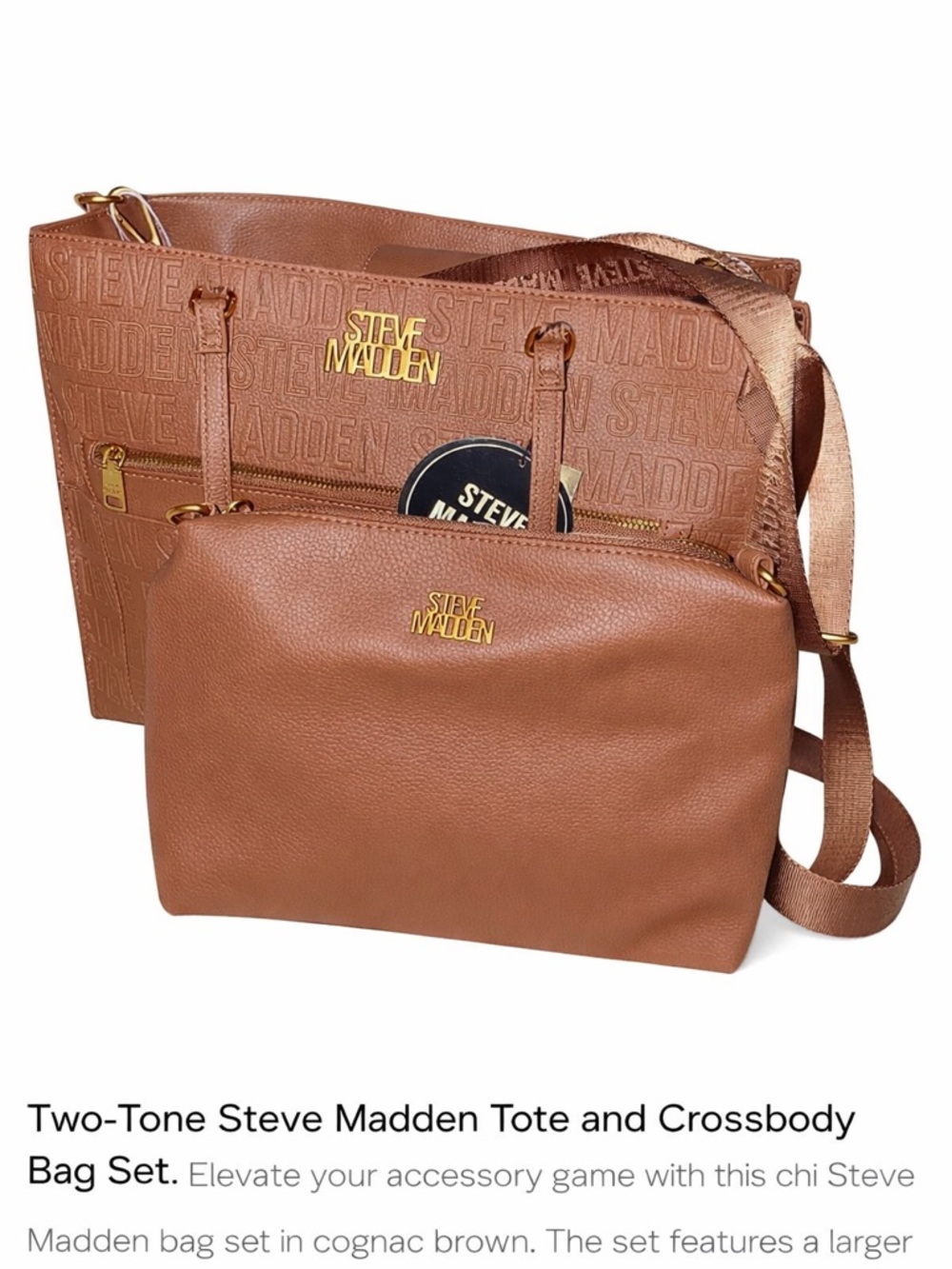 Steve Madden Cognac Brown Tote and Crossbody Bag Set